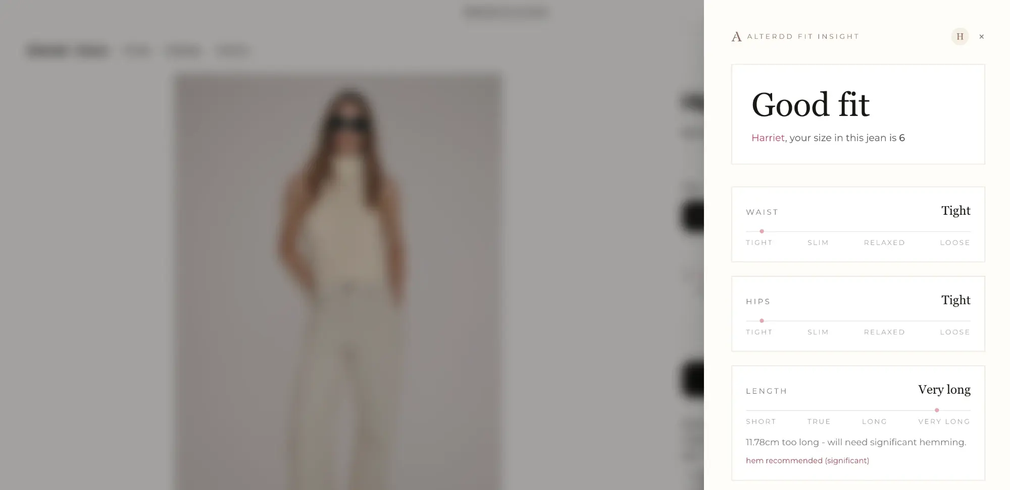 Alterdd fit insight panel on a product page, showing a good fit in size 6 with waist, hips and length ratings