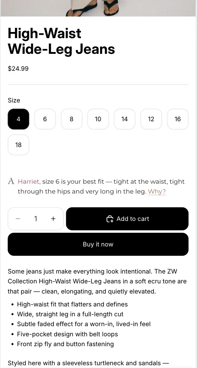 Product page telling Harriet that size 6 is her best fit