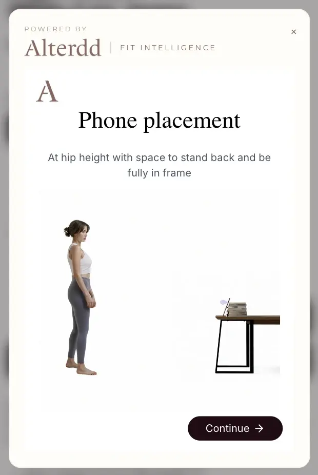 Alterdd scan set-up screen explaining where to place the phone